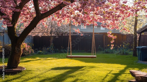 Wallpaper Mural Wooden swing under blooming cherry tree in sunny garden. Torontodigital.ca