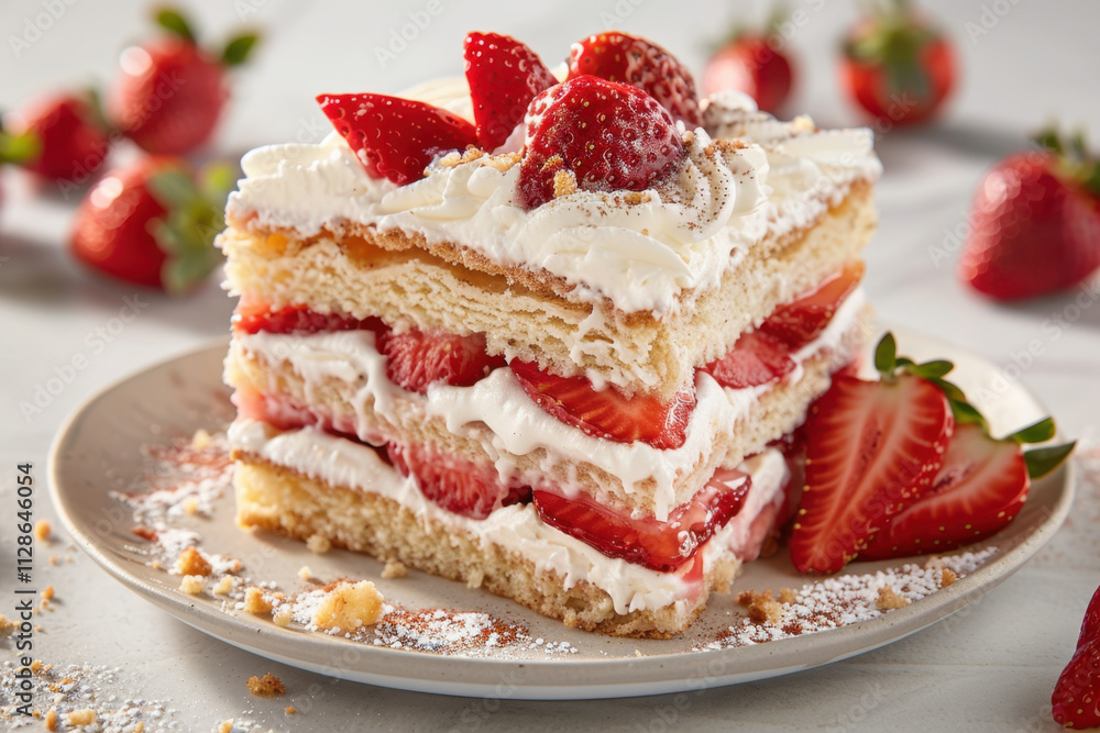 Description: A deliciously layered strawberry shortcake topped with whipped cream and garnished with fresh strawberries, showcasing its moist texture and sweet appeal.
Description: A deliciously layered strawberry shortcake topped with whipped cream and garnished with fresh strawberries, showcasing its moist texture and sweet appeal.