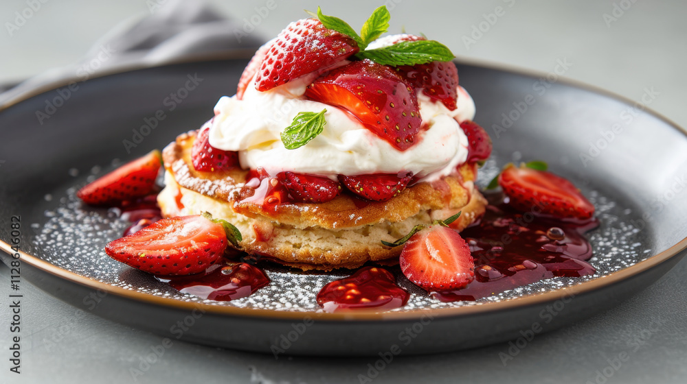 A decadent plate of fluffy pancakes topped with fresh strawberries, whipped cream, and syrup, garnished with mint leaves, perfect for a gourmet breakfast or dessert.
A decadent plate of fluffy pancakes topped with fresh strawberries, whipped cream, and syrup, garnished with mint leaves, perfect for a gourmet breakfast or dessert.