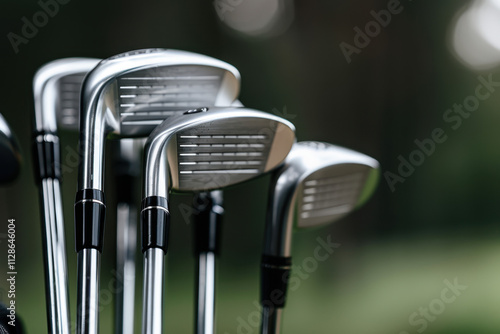 Description: A detailed close-up shot of sleek and polished modern golf club heads, emphasizing their shiny metallic design, perfect for professionals or enthusiasts.
 photo