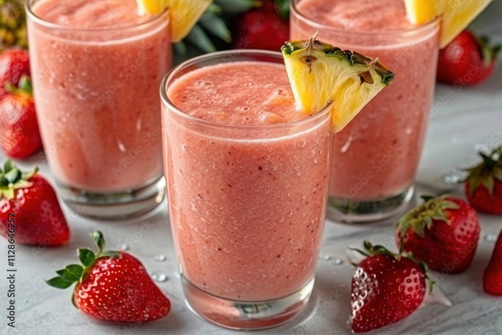 A trio of creamy strawberry smoothies garnished with pineapple slices, surrounded by fresh strawberries, creating a tropical and refreshing beverage delight.