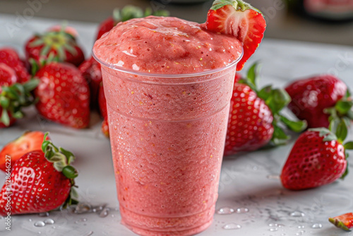 A close-up of a frothy strawberry smoothie served in a plastic cup, topped with a fresh strawberry slice, surrounded by ripe strawberries on a sleek countertop. photo