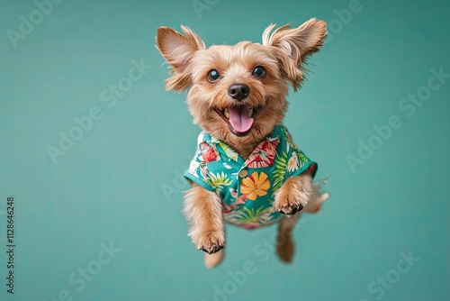 dog in a Hawaiian shirt. on a plain colored background. jumps up and down merrily. strong happy emotions. real photo. high detail. 