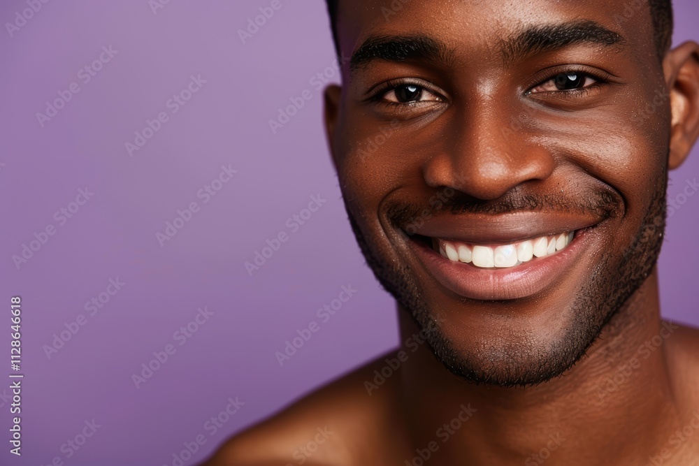 Obraz premium Portrait of a man focusing on facial skincare in a studio, highlighting personal hygiene and natural cosmetics against a purple backdrop. Happy mature man showcasing beauty and wellness