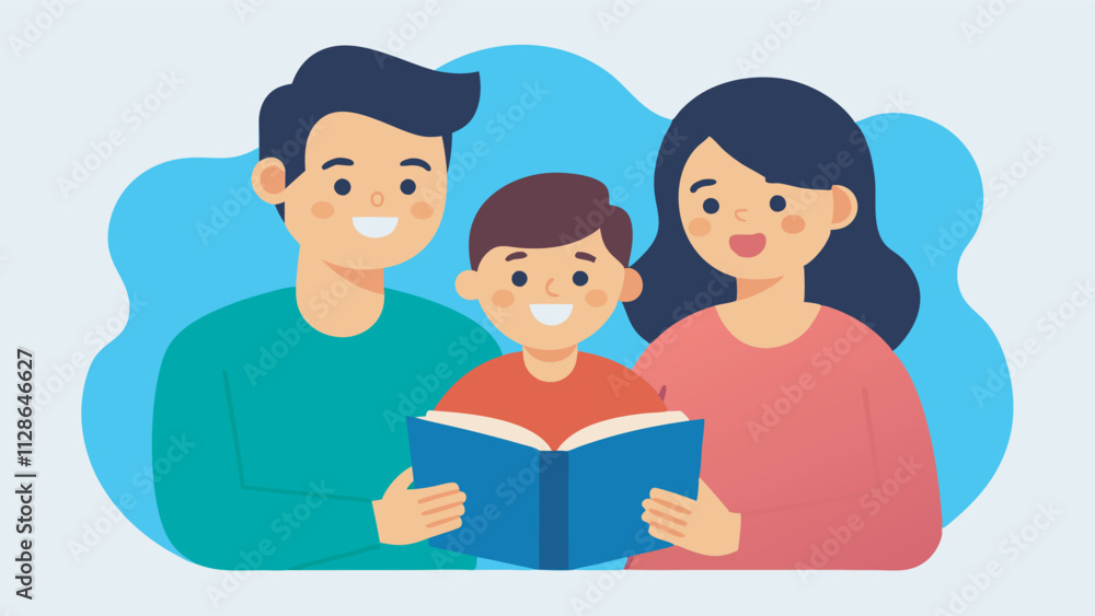 Obraz premium A happy family reading together. Father in green, mother in pink. Son in the middle, all smiling. Blue background with clouds. Joyful scene.