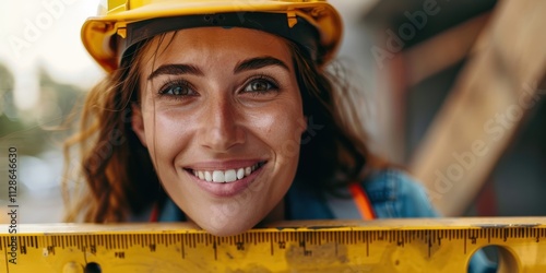 Female architect smiling with a level tool for measuring balance during construction planning, wearing safety equipment and embodying a positive approach in engineering photo