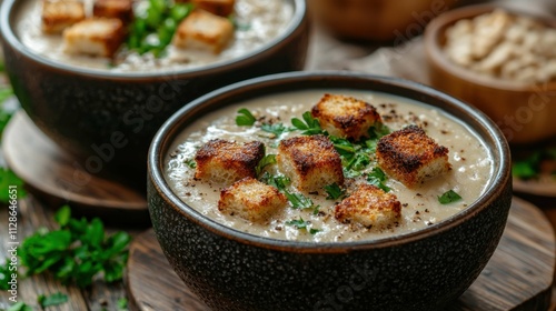 A close-up view of two bowls of soup garnished with croutons and herbs. The setting features rustic wooden accents and a cozy atmosphere.