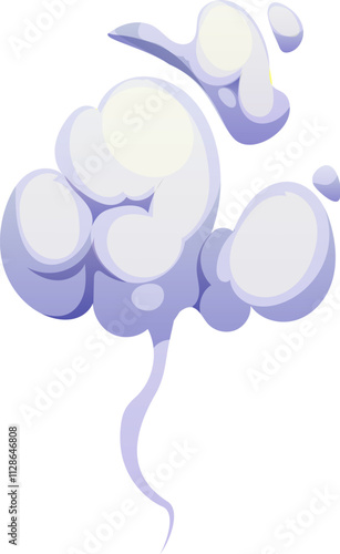 Cartoon thick, swirling smoke cloud rises into the sky. Isolated vector white and dense air flow curling in chaotic tendrils, casting eerie soft haze veil. Cigarette smog, hot drink steam or fog puff