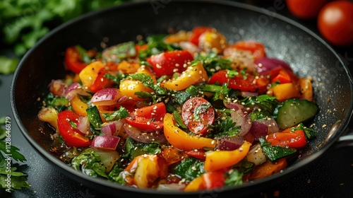 A vibrant mix of bell peppers, onions, and herbs in a skillet, showcasing fresh and healthy ingredients for a delicious meal. An appealing dish for eco-friendly eating.