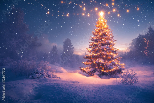 A magical Christmas tree glowing with lights in a snowy forest – the essence of holiday spirit
