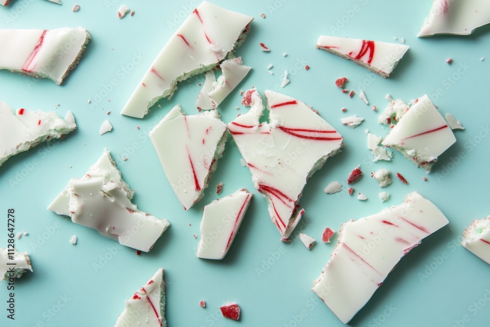 Delicious broken pieces of peppermint bark displayed on a soft blue background. A delightful treat for the holidays. This image captures festive flavor. Generative AI Delicious broken pieces of peppermint bark displayed on a soft blue background. A delightful treat for the holidays. This image captures festive flavor. Generative AI