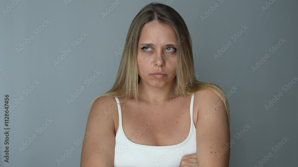 A young attractive blonde upset offended woman stands with her arms crossed on her stomach looking away with pouting lips on a dark grey color background. Bad mood A young attractive blonde upset offended woman stands with her arms crossed on her stomach looking away with pouting lips on a dark grey color background. Bad mood