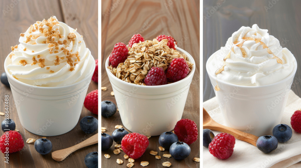 Three bowls of yogurt styled with different toppings: granola, fresh berries, and honey, placed on a rustic wooden surface for a cozy breakfast look.
Three bowls of yogurt styled with different toppings: granola, fresh berries, and honey, placed on a rustic wooden surface for a cozy breakfast look.