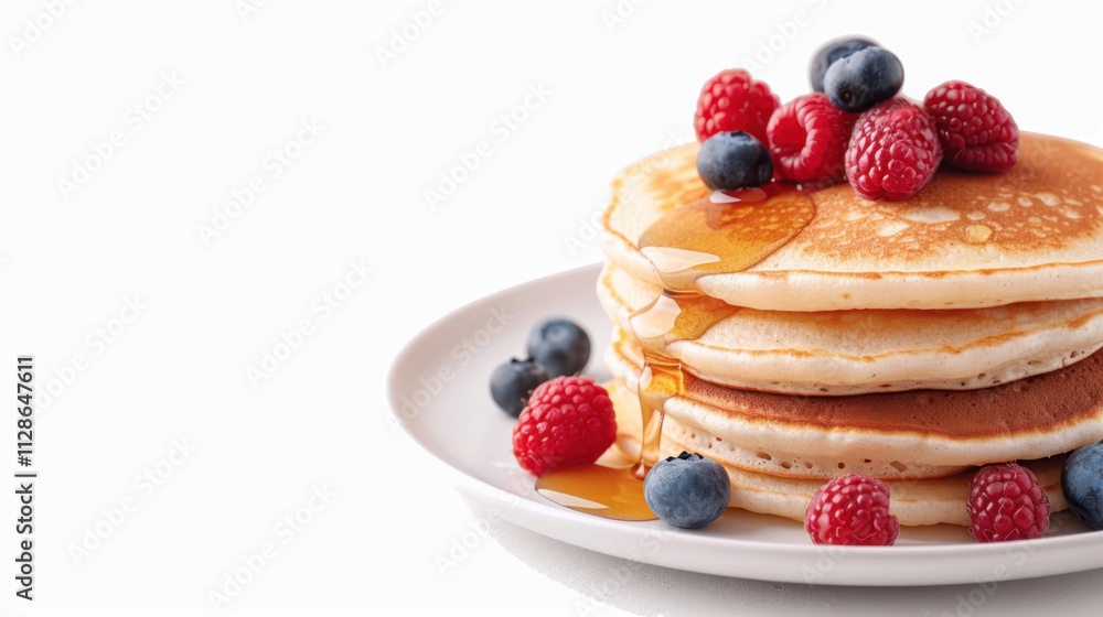 A stack of golden, fluffy pancakes drizzled with maple syrup, topped with fresh blueberries and raspberries, served on a white plate for a minimal, clean look.
A stack of golden, fluffy pancakes drizzled with maple syrup, topped with fresh blueberries and raspberries, served on a white plate for a minimal, clean look.