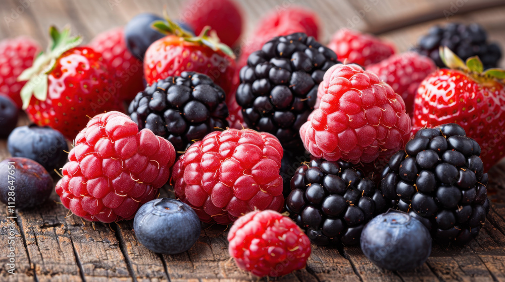 A vibrant assortment of fresh raspberries, blackberries, strawberries, and blueberries displayed on a rustic wooden table, capturing their natural colors and textures.
A vibrant assortment of fresh raspberries, blackberries, strawberries, and blueberries displayed on a rustic wooden table, capturing their natural colors and textures.