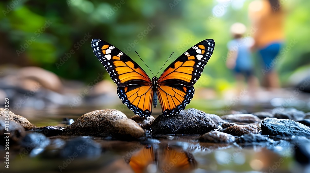 Close-up of Vibrant Monarch Butterfly on Rocks by Water with Blurred Background of Nature and Two People Walking Close-up of Vibrant Monarch Butterfly on Rocks by Water with Blurred Background of Nature and Two People Walking