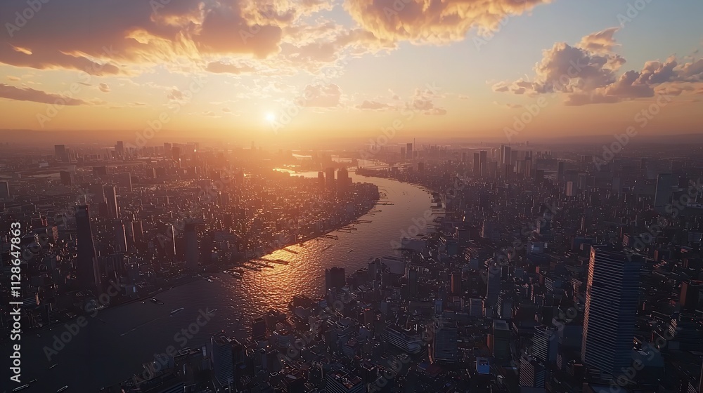 Fototapeta premium Aerial View of Cityscape Against the Sky During Sunset
