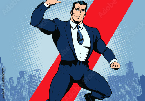 Businessman as a superhero from comic book in retro pop art style. Man in suit in comic book style