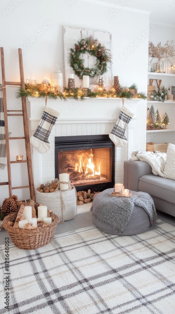 Fototapeta premium A Christmas-decorated Scandinavian living room features a warm fireplace, a comfy chair with a blanket, and a festive garland