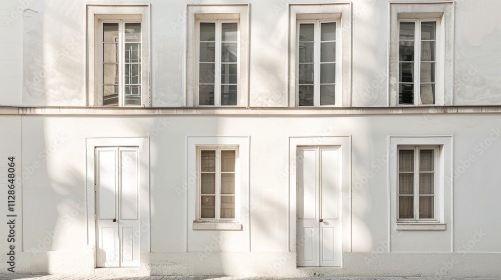 Fototapeta premium Elegant Parisian street, minimalist architecture, full wall with windows and doors, warm sunlight, serene urban scene, no people.