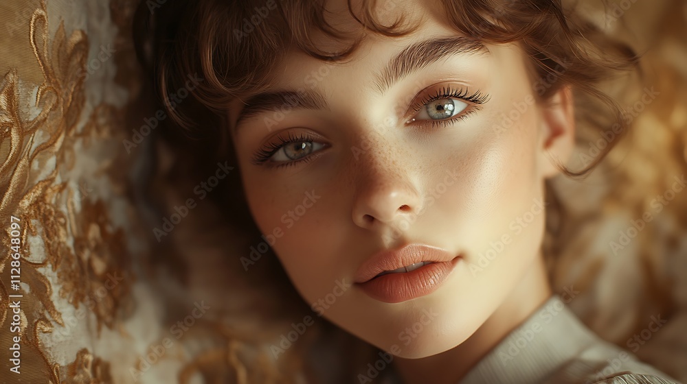 Fototapeta premium Close-up portrait of a young woman with freckles and light brown hair lying down.