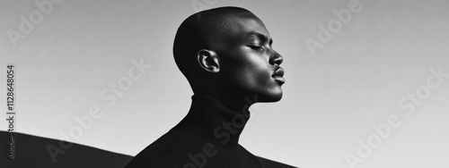Black and White Profile Portrait of a Man in Minimalist Composition with a Calm Expression and Clean Gradient Background