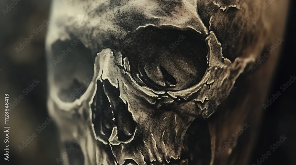 Close-up of a detailed, textured human skull drawing. Close-up of a detailed, textured human skull drawing.