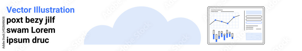 Cloud with data analytics dashboard displaying line and bar charts representing statistical data. Ideal for data visualization, analytics, cloud computing, business intelligence, technology, web Cloud with data analytics dashboard displaying line and bar charts representing statistical data. Ideal for data visualization, analytics, cloud computing, business intelligence, technology, web