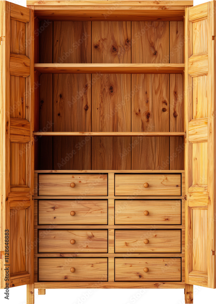 Wooden cabinet with open shelves and drawers Wooden cabinet with open shelves and drawers