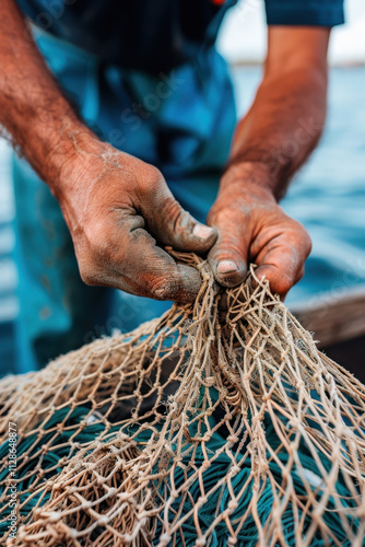 A detailed view of a fisherman's hands working on a weathered fishing net, showcasing grit, texture, and the enduring maritime lifestyle.
