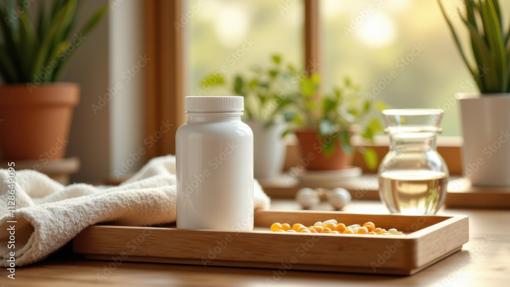 NAD supplement displayed on a wooden tray with plants in the background. NAD supplement displayed on a wooden tray with plants in the background.
