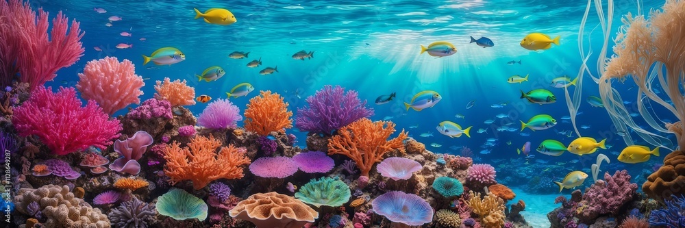 Naklejka premium Vibrant coral reef teeming with diverse marine life underwater