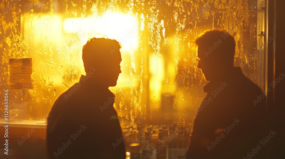 Silhouetted Men Conversing Near A Golden Window Silhouetted Men Conversing Near A Golden Window