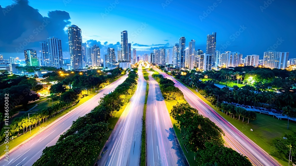 Night Cityscape with Long Exposure Light Trails in Urban Landscape Night Cityscape with Long Exposure Light Trails in Urban Landscape