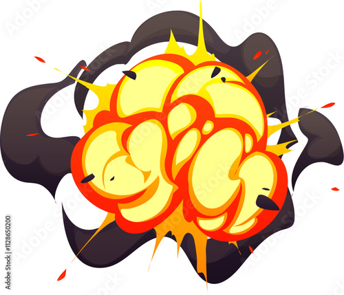 Cartoon boom cloud, bomb blast explosion effect, comic fire and smoke. Vector dynamic vivid orange and yellow bursts of fire, dynamite burst or the atomic war impact surrounded by black smoke clouds