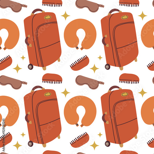 Trendy vacation Seamless pattern with travel items. Endless background with suitcase and travel elements . Travel around the world, adventure. Design for fashion , fabric, textile, and all prints