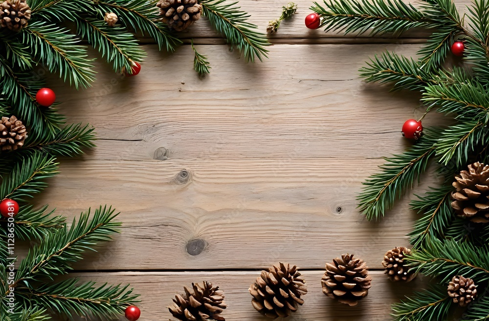New Year and Christmas greeting card with space for text, placed on a wooden background decorated with pine branches, pine cones, gold stars and red ornaments. Warm and simple style. New Year and Christmas greeting card with space for text, placed on a wooden background decorated with pine branches, pine cones, gold stars and red ornaments. Warm and simple style.
