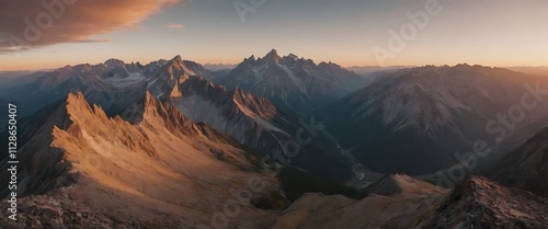 panoramic view of a majestic mountain range bathed in the warm glow of the setting sun.