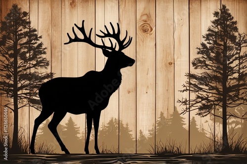 Silhouette of a Deer and Trees on a Rustic photo