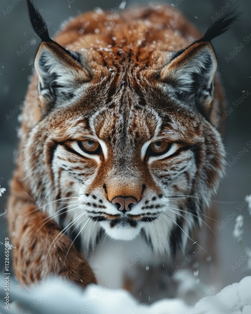 Lynx gracefully walking through a snowy forest while searching for food in winter s embrace Lynx gracefully walking through a snowy forest while searching for food in winter s embrace