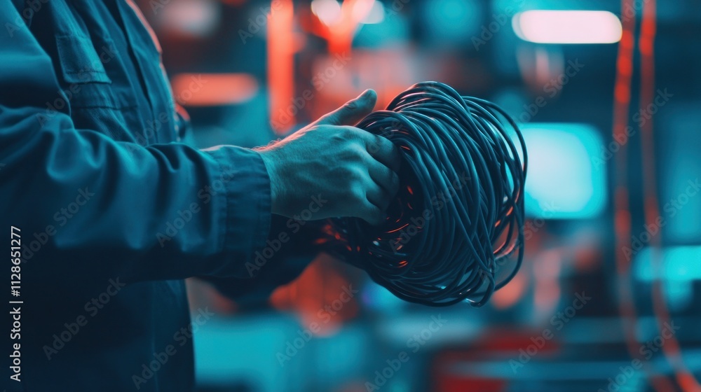 Technician holding a coil of cable in a factory. Technician holding a coil of cable in a factory.