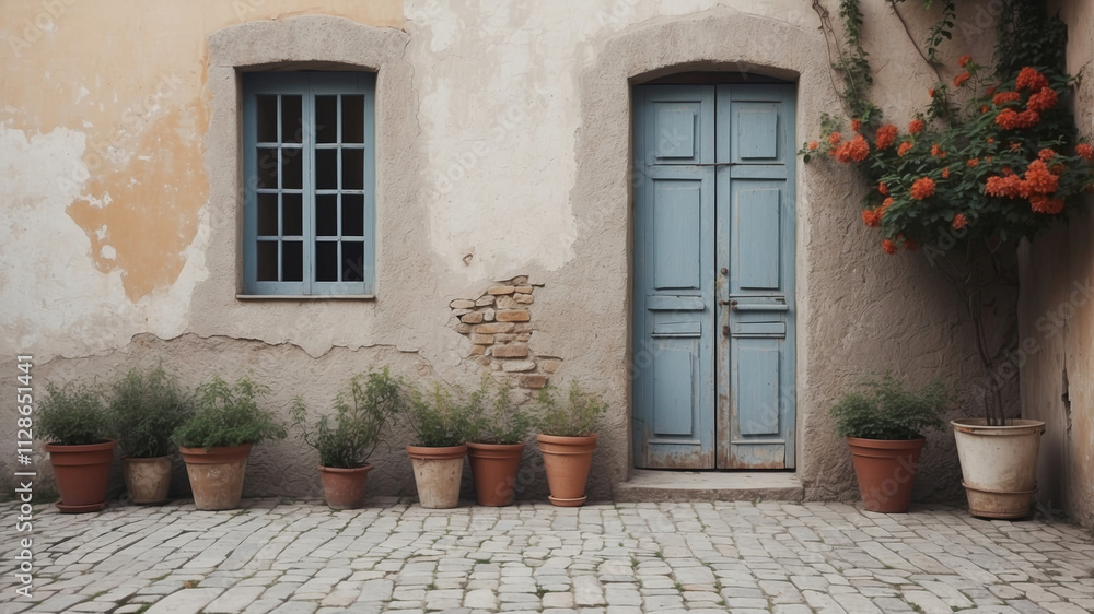 Charming courtyard with a blue door and terracotta pots in Italy Charming courtyard with a blue door and terracotta pots in Italy