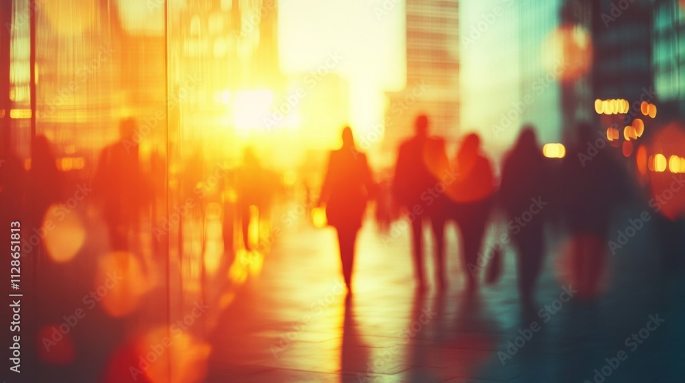 Blurry silhouettes walking city sunset urban scene Blurry silhouettes walking city sunset urban scene