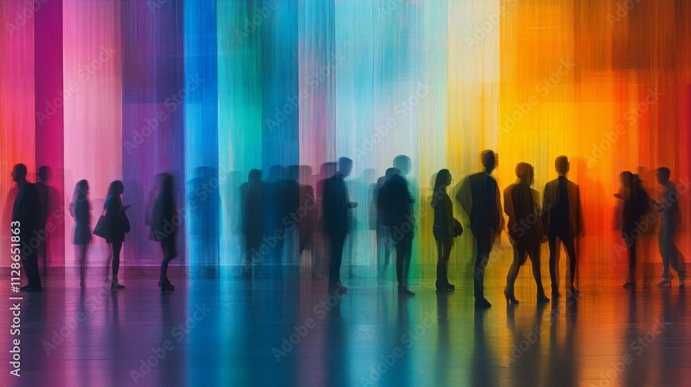 Silhouetted figures stand before a vibrant rainbow backdrop Silhouetted figures stand before a vibrant rainbow backdrop