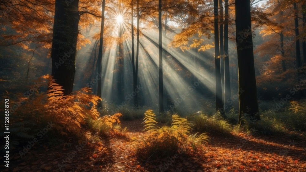 Obraz premium Golden sunlight streams through a forest of autumn trees