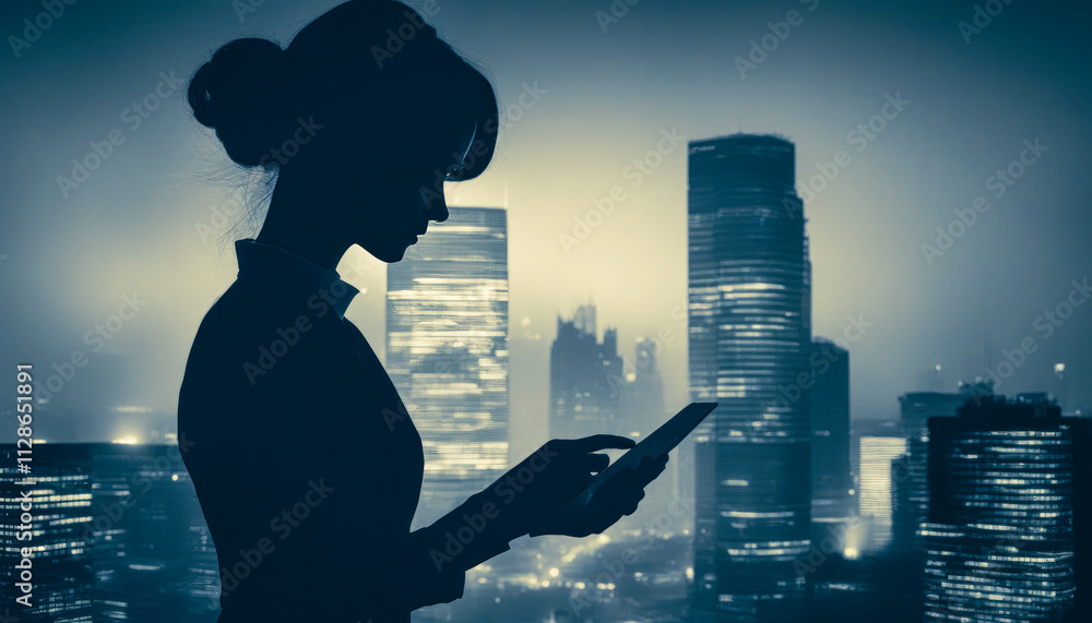 Businesswoman uses a pad at office. Night city skyline background. New business technology concept Businesswoman uses a pad at office. Night city skyline background. New business technology concept