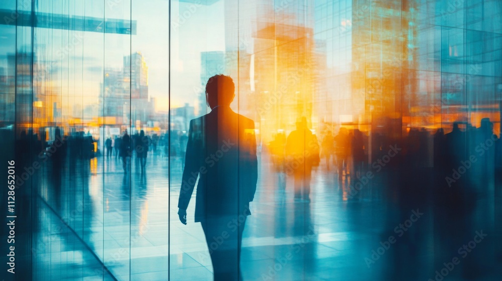 A Businessperson Walks Through A Modern Cityscape A Businessperson Walks Through A Modern Cityscape