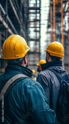 Engineers in yellow helmets observing construction site progress