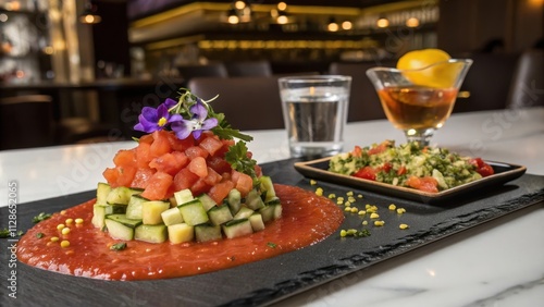 Deconstructed Gazpacho Served on Slate Plate with Refreshing Accompaniments photo