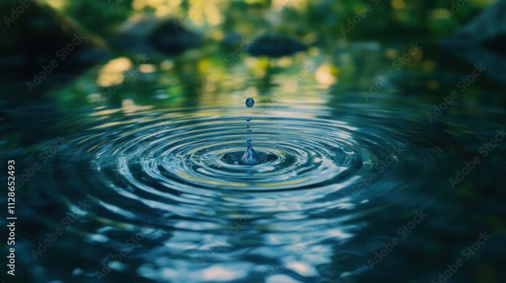Water droplet falling, creating concentric ripples on a calm pond surface. Water droplet falling, creating concentric ripples on a calm pond surface.